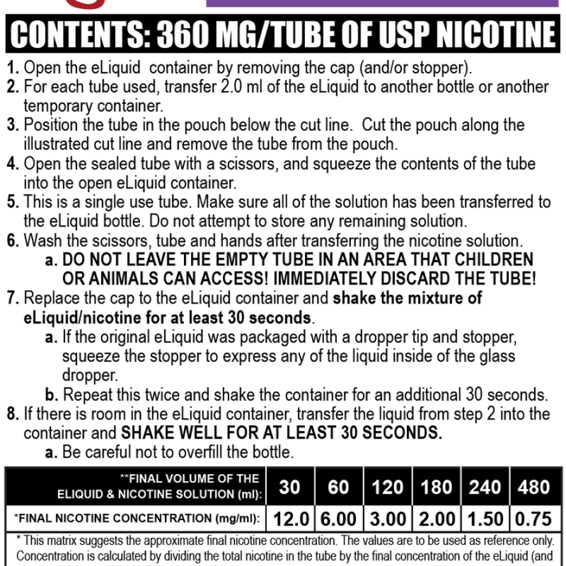 Flavorless Nictoine Liquid,  Czar Nicotine Tube - Purple 360mg, Pack of 5  tubes (0.9ml/tube)